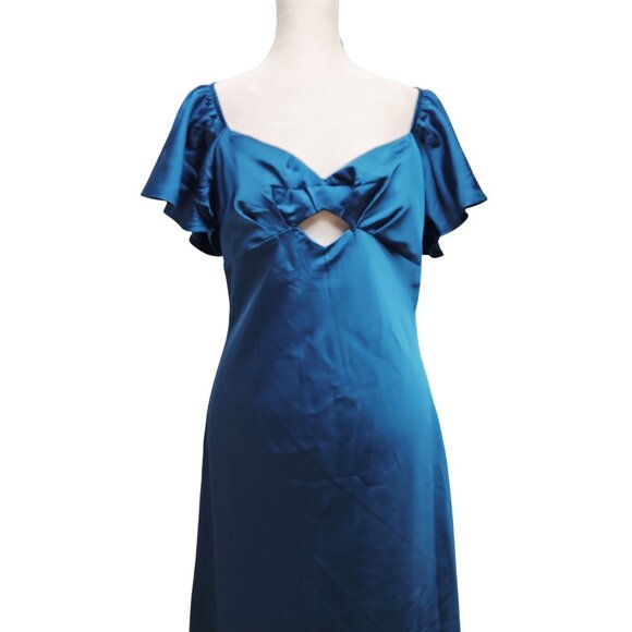 Womens Vubiya Satin Blue Maxi Dress Size M Ruffle Sleeves & Cutout Detail New - Picture 4 of 11